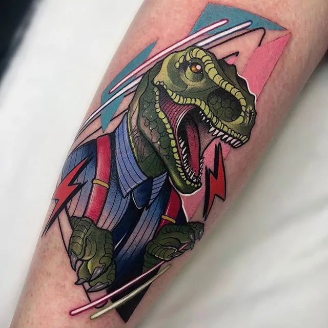 80's inspired T-Rex by Adriana at Watermelon Tattoo for Abby.  