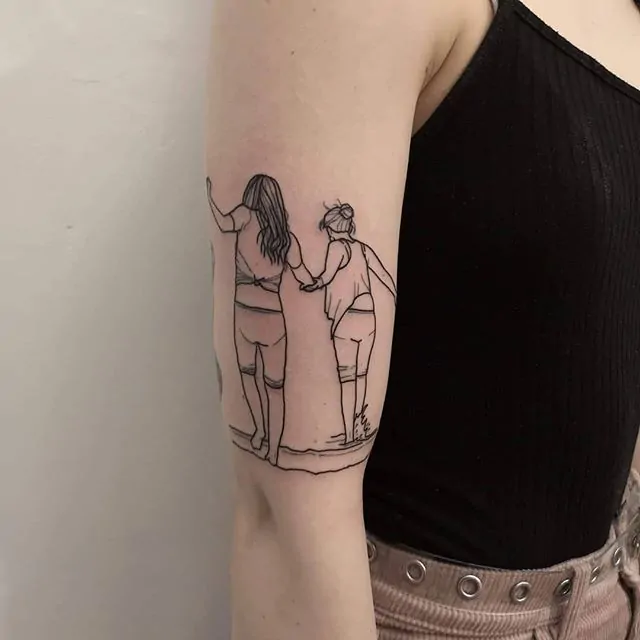 A unique and sentimental scene to immortalise an unbreakable bond between two friends. Tattoo by Sarah Louise at Watermelon Tattoo. 