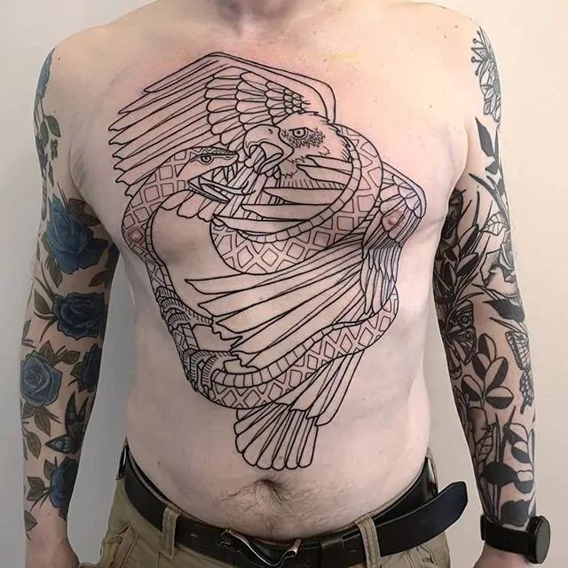 Big chest piece from one of Sarah's designs from 4 years ago for one of her longest returning customer Bryan! Done here at Watermelon Tattoo!!!
