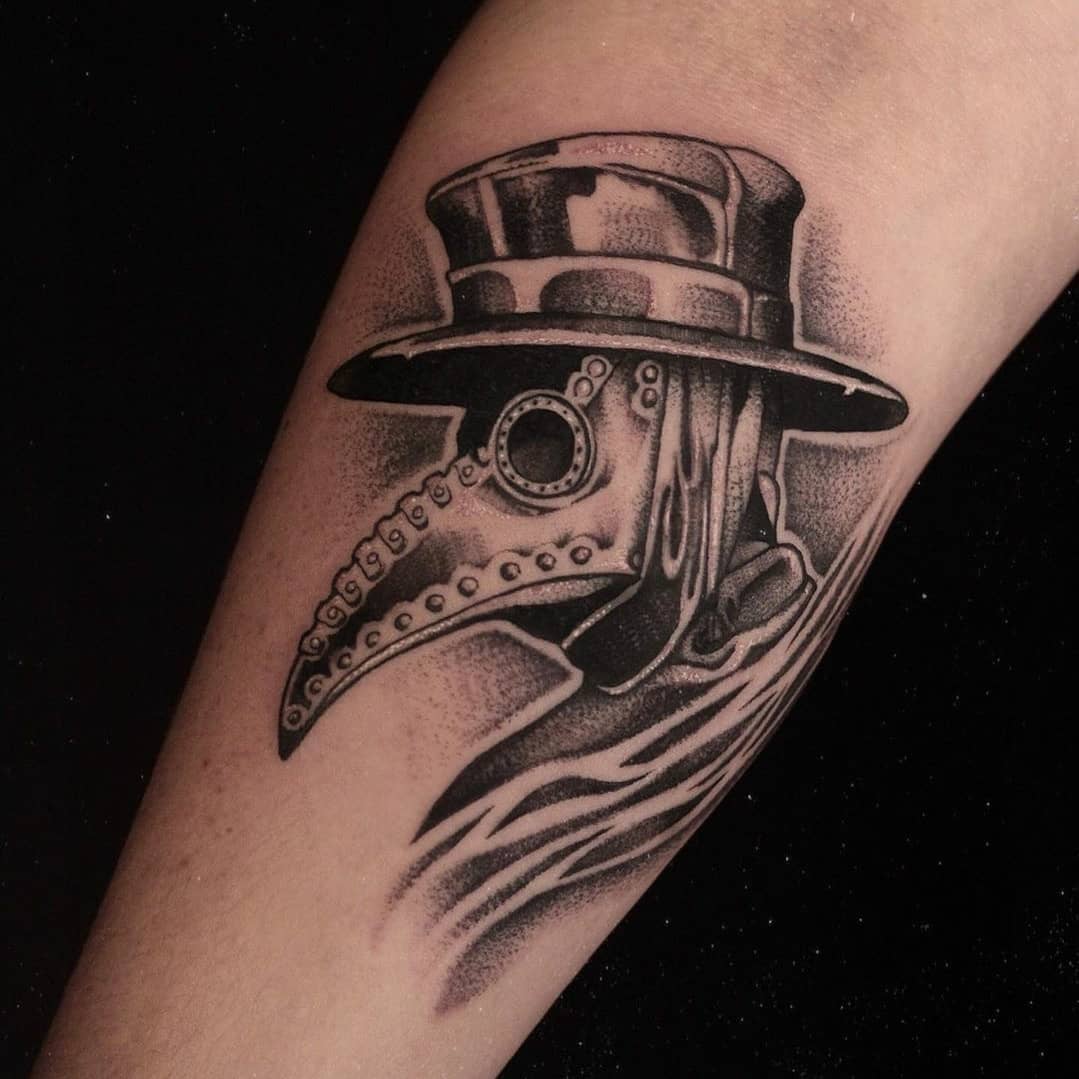 Plague doctor by Tiana, check out @ophiuchus.tattoo for more of their work!  🎩 #plaguedoctortattoo #blackandgreytattoo #thightattoo #... | Instagram